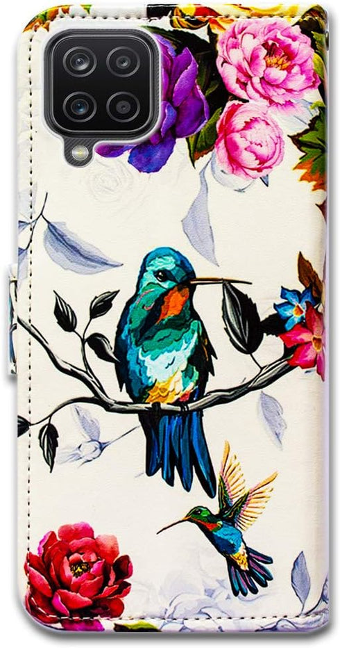 Case for Galaxy A12, Hummingbird in Flowers Bird Leather Flip Phone Case Wallet Cover with Card Slot for Samsung Galaxy