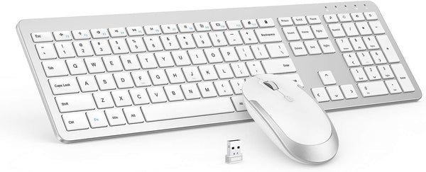 Wireless Keyboard and Mouse Combo, Full Size Slim Thin Wireless Keyboard with Numeric Keypad (White & Silver)