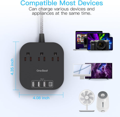 Power Strip with USB C, 3 Outlets, 4 USB Ports (22.5W/4.5A), 5ft Braided Extension Cord, Black Non Surge Protector