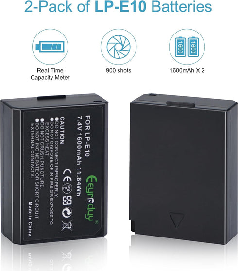 2-Pack LP-E10 Batteries for Canon EOS Rebel T7 T6 T5 T3, Kiss X50 X70, EOS 1100D 1200D 1300D Digital Camera