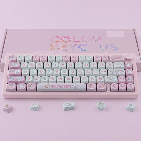 PBT Cute Kitty-cat Keycaps Set - 140 Keys Dye-Sublimation MOA Profile for Cherry Gateron MX Switches