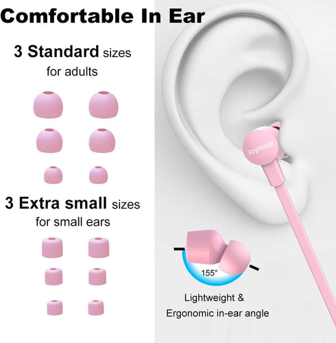 Joymiso Tangle Free Earbuds for Kids and Women, Comfortable Lightweight Wired Earphones with Case (Pink)