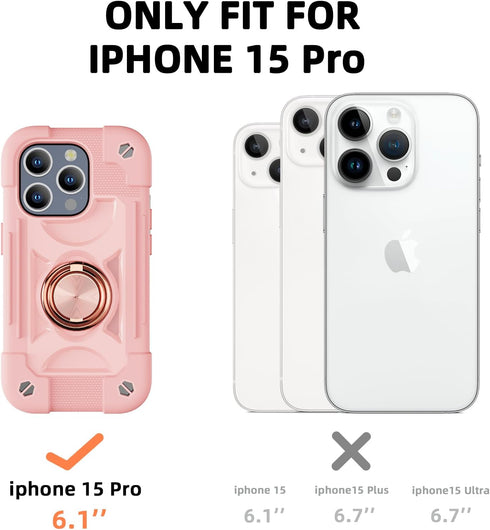 Compatible with iPhone 15 Pro Case 6.1" - Heavy-Duty Shockproof Military-Grade Rugged Cover with Ring Stand, Glass Screen Protector & Camera Lens Protector (Pink)