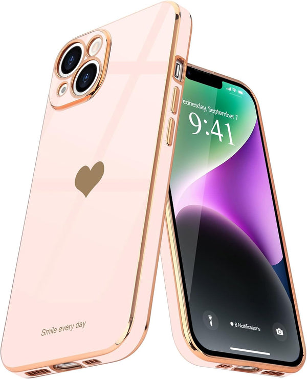 Teageo iPhone 14 Case for Women, Cute Love Heart Luxury Electroplate Plating Soft Bling Back Cover - Light Pink
