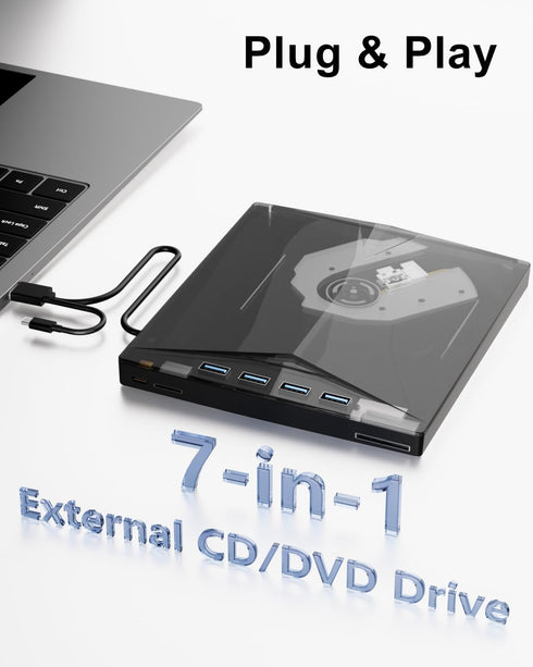 Alphami 7-in-1 2 3.0 External CD/DVD Drive for Laptop, External DVD Drive with USB Ports, External DVD Burner