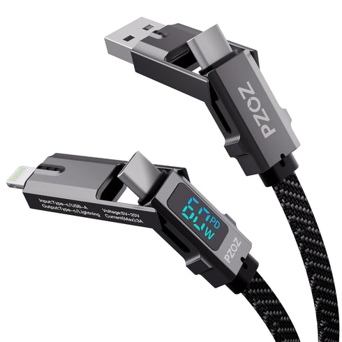 pzoz 4-in-1 USB C Fast Charging Cable - Multi USBC Charger Combo with LED Display for iPhone 16/15/14 Pro Max