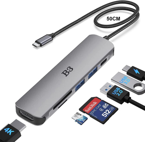 USB C Hub HDMI Adapter for MacBook Air Pro, 6 in 1 4K Dongle Multiport Converter with 50cm Cable, USB 3.0 Data Transfer