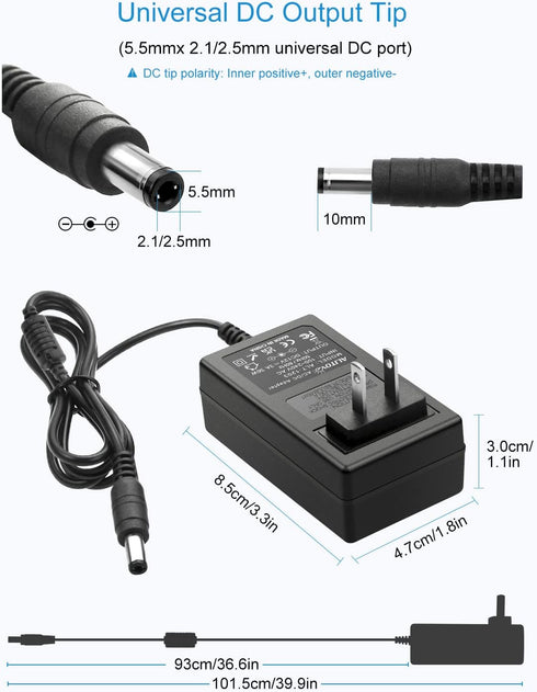 ALITOVE 12V 12 3A 36W 12V 2.5A 2A 5.5x2.5mm 3D 2-Pack Power Supply Volt AC/DC Adapter DC Power Cord AC to DC Converter
