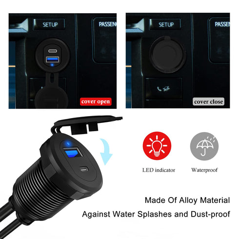 Type C 3.1 & USB 3.0 Car USB Port Mount, Flush Cable Male to Female, Dashboard Panel Extension for Car, Boat,