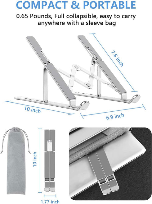 Adjustable Aluminum Laptop Stand, Foldable Portable Holder with Anti-Slip Silicone Pad for 10-15.6 Tablets