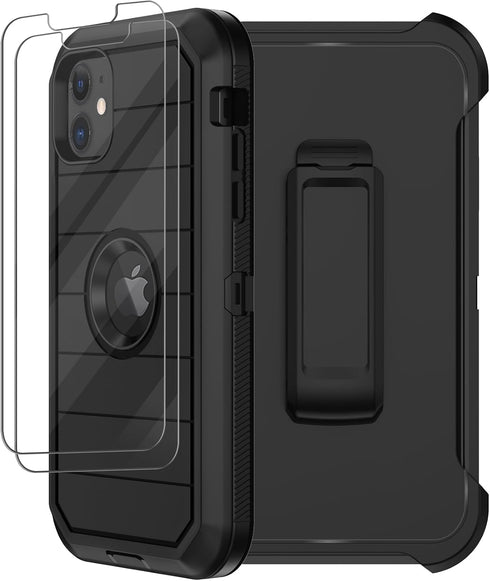 iPhone 12/12 Pro Case - Heavy Duty Rugged Cover with Belt Clip Holster & 2X Screen Protector (Black B)