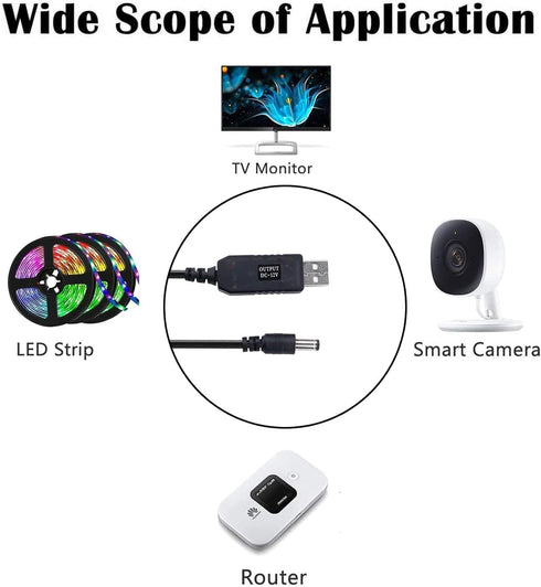 USB to 12V Adapter, 5V to 12V Step Up Power Supply Cable with DC Jack, Max Current 800mAh, 4.9ft