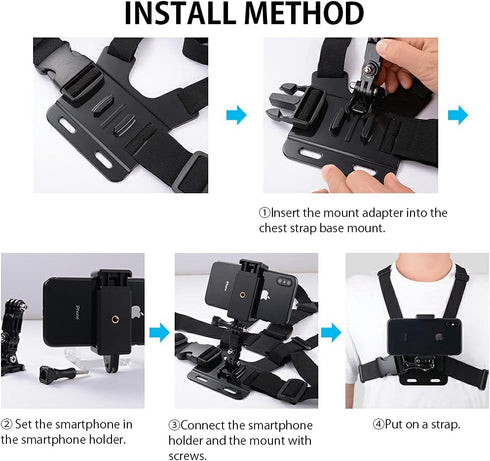 Mobile Phone Chest Mount Strap Holder, Anti-Slide Strap Mount for Phone 360 Degree Rotary for Video Recording Camera