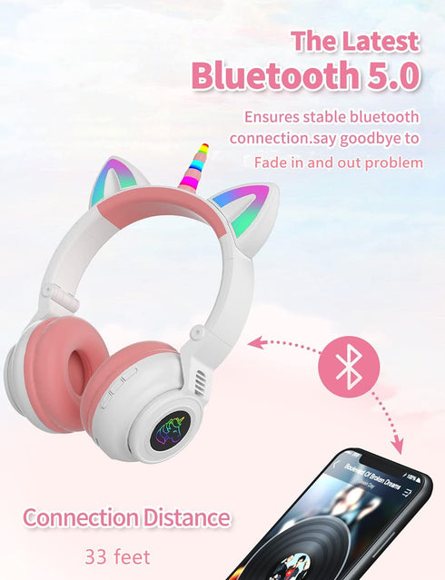 Unicorn Kids Headphones for Girls, Foldable Bluetooth Headphones for Toddlers, Light Up Wireless Headphones for