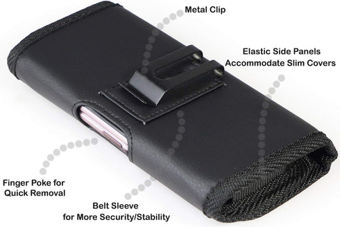 Nakedcellphone Case for Galaxy Z Fold 5 Phone - Black Vegan Leather Horizontal Pouch with Metal Belt Clip, Magnetic
