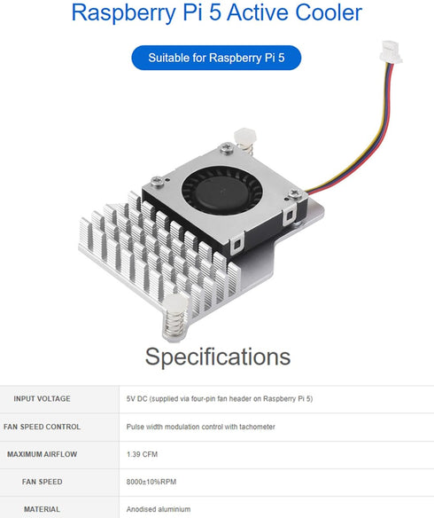 Active Cooler for Raspberry Pi 5, Active Cooling Fan Aluminium Heatsink with Thermal Pads for Raspberry Pi 5 4GB/8GB