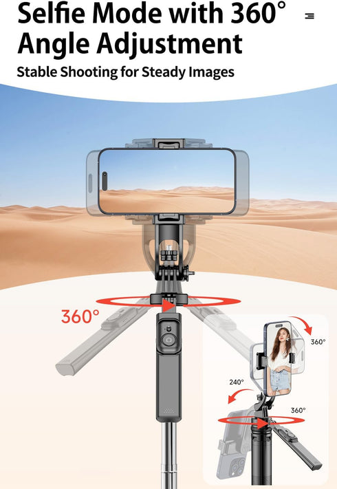 irianu 71" 360 Selfie Stick, Phone Tripod Stand Rotation with Detachable Phone Holder & Wireless Remote, Compatible