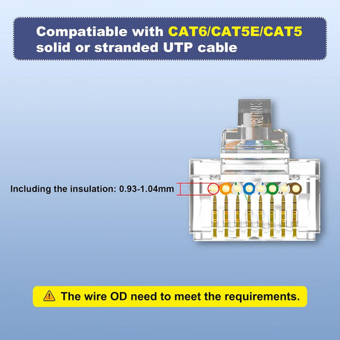 VCE RJ45 Cat6 Pass Through Connectors 50-Pack, Cat 6/Cat 5e RJ45 Ends Gold Plated for Solid or Stranded UTP Network Cable, UL Listed