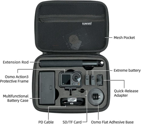 SUREWO Waterproof Carrying Case for DJI Action 4, Travel Portable Bag Compatible with Osmo Action 4/3 Accessories