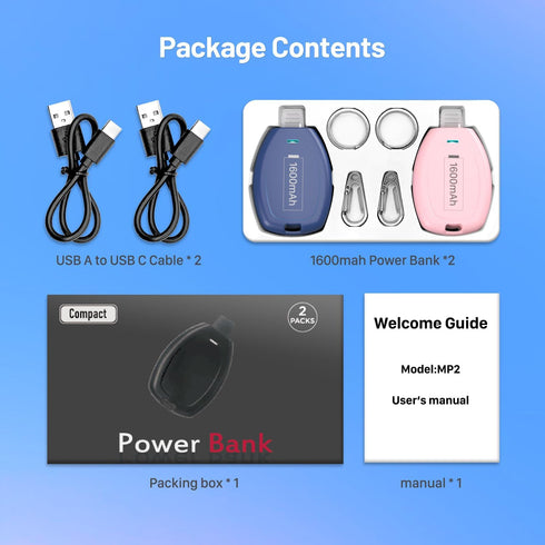 (2-Pack) USB C Keychain Portable Charger, 1600mAh Mini Power Bank, Ultra-Compact Battery Pack for Android Type-C