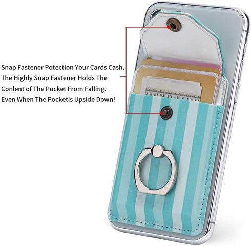 RFID Cell Phone Card Holder Stick on Wallet for Back of Phone, Green Striped for iPhone Android Smartphones