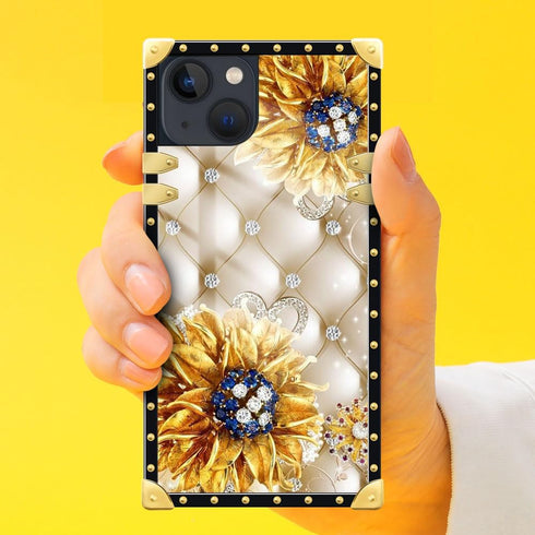 Diamond Sunflower iPhone 15 Plus Case for Women, 6.7" Soft TPU & Hard PC, Shockproof Luxury Protection.