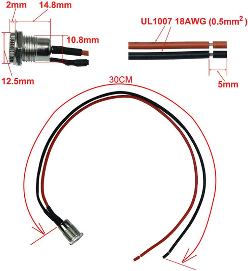 FILSHU DC Power Jack Socket - 5.5 x 2.5 MM Threaded Female Mount Connector Adapter with 30CM 18AWG Cable