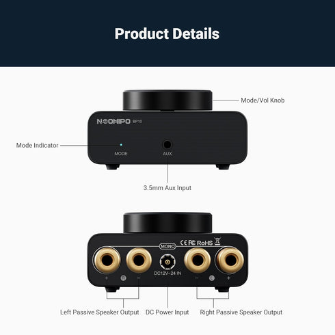 Mini Bluetooth Amplifier for Passive Speakers, Home Audio Receiver & Amplifier, 50W+50W Stereo, AUX/Bluetooth Input,