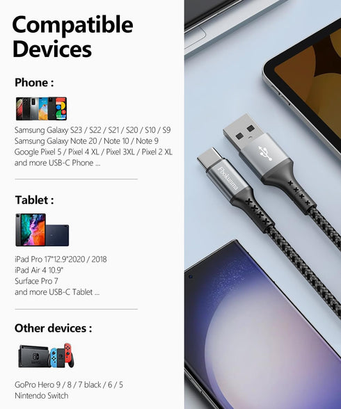 USB C Cable Short 1FT 3Pack, 12 inch 3A USB to USB C Fast Charger Braided Cord for Galaxy S10/S9/S8 Plus, Power Bank