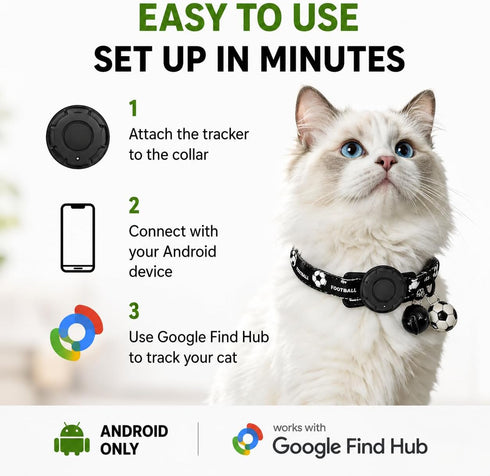 GPS Collar for Cats (Android Only) Pet Tracker, Soccer Style Smart Tag Compatible with Google Find My, Waterproof No