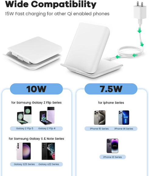 Wireless Samsung Charging Station, 15W Folding Travel Charger for Galaxy Z Flip 6/5/4, Compatible with iPhone