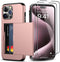 iPhone 15 Pro Wallet Case with Card Holder + 2 Tempered Glass Screen Protectors, Heavy Duty Shockproof Slim Case 6.1