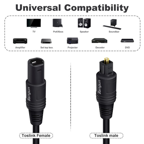 6ft, Soundbar/TV/PS4/Xbox/Home Optical Cable Extension, Female-to-Male, Fiber Digital Audio Cable for Theater