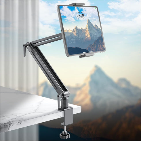Jakeko 360 Adjustable Tablet Mount for Desk - Degree Rotating Base Tall Arm Holder Stand Swivel Flexible Clamp Soporte