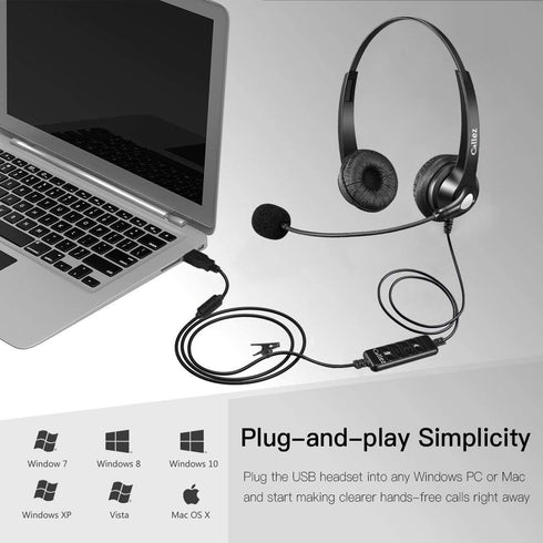 USB Headset with Microphone, Noise Cancelling & Audio Controls, Stereo Computer Headphones for Office