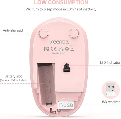 seenda 2.4G Noiseless Wireless Mouse with USB Receiver for PC, Tablet, Laptop - Pink & White
