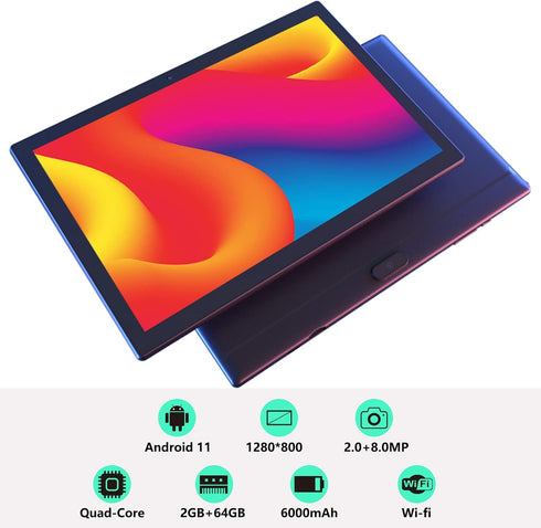 ZZB 10 Inch Android Tablet, 64GB Storage, 2GB RAM, 512GB Expandable, Dual Camera, Quad-Core Processor, 6000MAH Battery