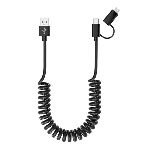 USB to USB-C and Lightning Cable Combo 2 in 1 Coiled Cable for Apple Carplay & Android Auto [MFi & 3A Fast Charge &
