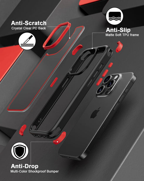 iPhone 15 Pro Case Compatible, Black/Red with Multicolor Shockproof Bumpers, Crystal Clear Back & Soft Silicone TPU