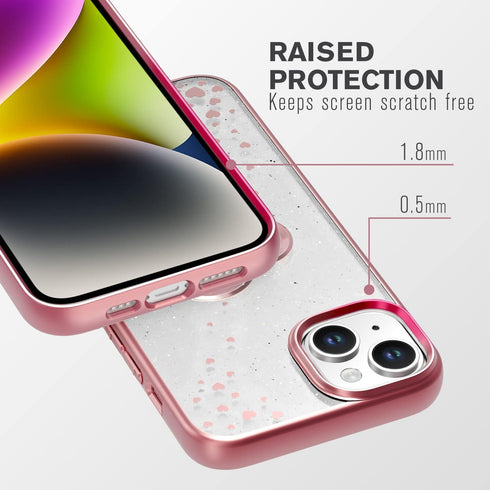 VENA vLove Glitter Clear Case for Apple iPhone 14/13 (6.1"-inch), Heart Shape Dual Layer Slim Hybrid Clear Bumper - Pink