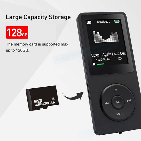 MP3 Player 128GB with Speaker Earphone, Portable HiFi Lossless Sound Mini Music Player, Voice Recorder, E-Book, HD