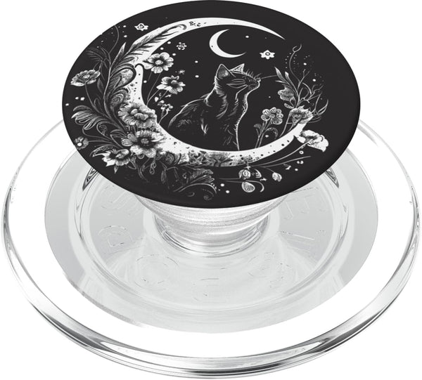 Cat Sitting On Crescent Moon Flowers Stars Drawing PopSockets PopGrip for MagSafe Phone Accessories