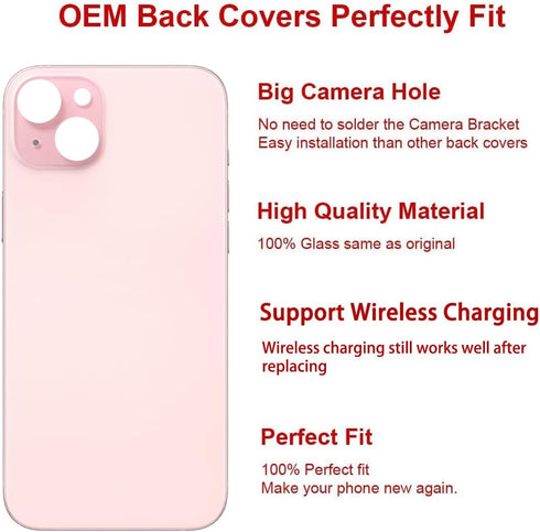OEM Back Glass Replacement for iPhone 15 6.1-inches with Repairing Tool Kit (Pink)