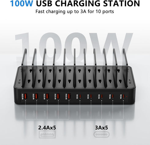 nongxiang 10-Port 100W 10 USB C Charging Station for Multiple Devices, Charging Dock, with Adjustable Dividers, USB-C