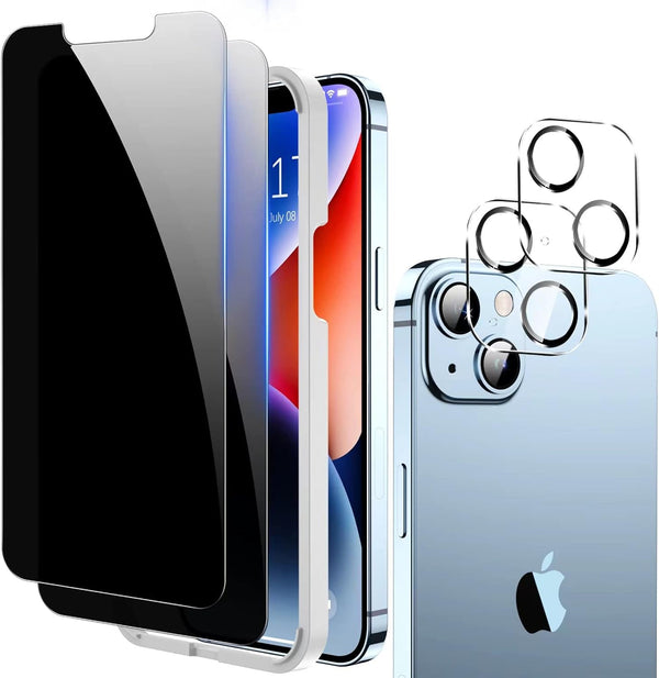 Fotbor iPhone 14 Privacy Screen Protector (2 pack) + Camera Lens Protector (2 pack) - 9H Tempered Glass, Easy Install