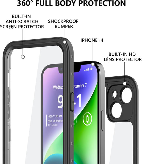 iPhone 14 Waterproof Case with Built-in Screen Protector, Shockproof Dustproof Full Body Protective IP68 Case, 6.1 inch