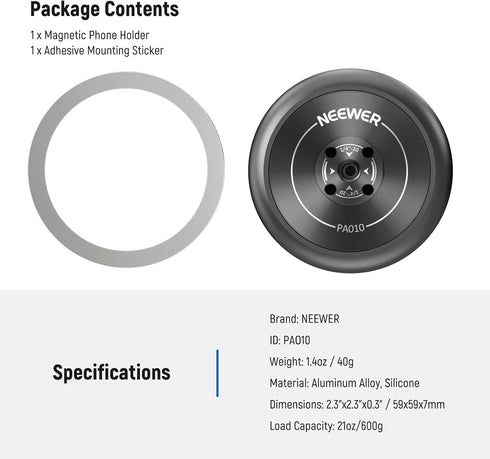 NEEWER 15 15 14 13 12, 1/4" PA010 Magnetic Phone Tripod Mount Adapter with Adhesive Magnetic Ring Compatible