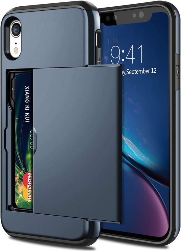 SAMONPOW Wallet Case for iPhone XR 6.1 inch, Heavy Duty Protection, Dual Layer Anti Scratch Hard PC Soft Rubber, Dark