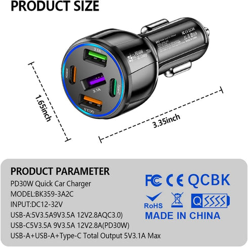 75W Ultra-Fast Car Charger, 30W/QC3.0/Type C 5-Port Smart Shunt 12 Volt Car Adapter Cigarette Lighter USB Charger Compatible with iPhone 14 Pro MAX/13,MacBook Pro,iPad Pro (3USB+2PDBlack) by KIFIDAN