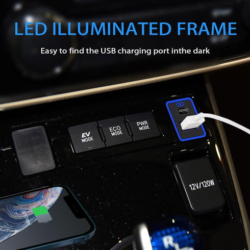 Car Charger PD QC3.0 Fast Charge Type C USB Port Socket with LED Light Show for Toyota (Blue-1.3x0.9inch)
